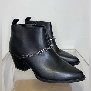 Black Faux Leather Ankle Boots with Chain Detail